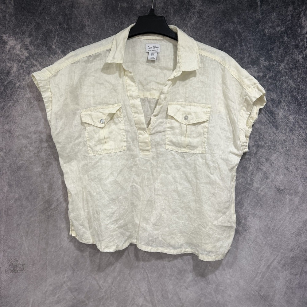 Nicole Miller 100% Linen V-Neck Cap Sleeve Boxy Pocket Top Boho Ivory XL